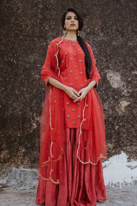 Paulmi and Harsh Red Cotton Silk Printed Kurta And Sharara Set