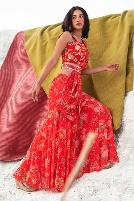 Paulmi And Harsh_Red Pre-draped Palazzo Saree With Blouse_Online_at_Aza_Fashions