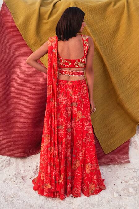 Shop_Paulmi And Harsh_Red Pre-draped Palazzo Saree With Blouse_at_Aza_Fashions