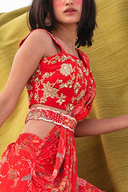 Buy_Paulmi And Harsh_Red Pre-draped Palazzo Saree With Blouse_Online_at_Aza_Fashions