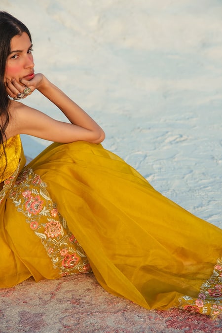 Paulmi And Harsh_Yellow Embroidered Organza Saree With Blouse_Online_at_Aza_Fashions