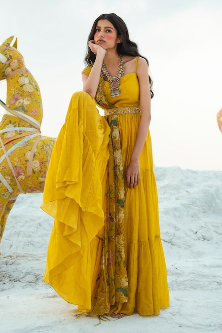 Paulmi And Harsh Yellow Kurta Cotton Silk Dupatta Organza Tiered Anarkali With Printed 