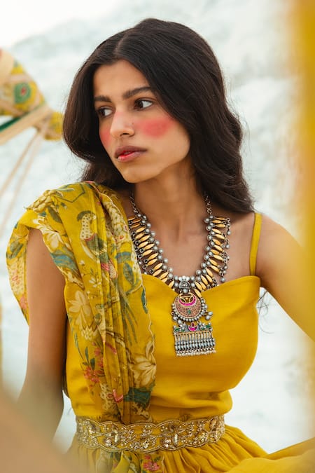 Paulmi And Harsh_Yellow Kurta Cotton Silk Dupatta Organza Tiered Anarkali With Printed _Online_at_Aza_Fashions
