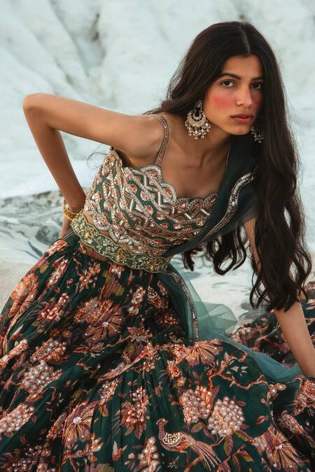 Paulmi And Harsh_Green Blouse Embellished Tiered Lehenga Set_Online_at_Aza_Fashions