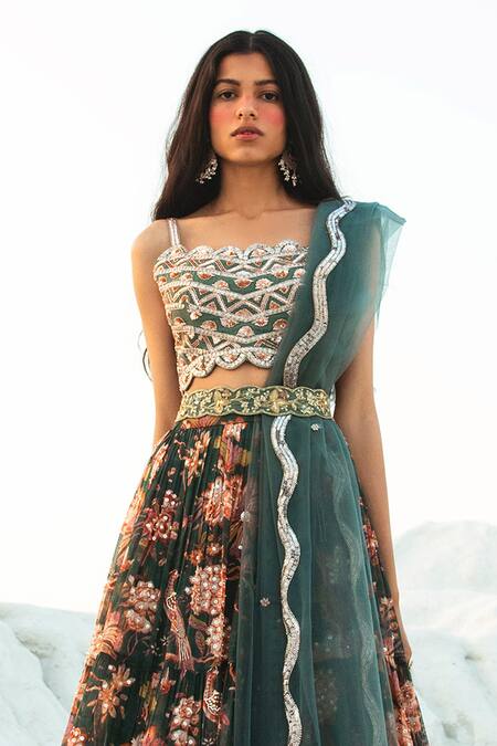 Buy_Paulmi And Harsh_Green Blouse Embellished Tiered Lehenga Set_Online_at_Aza_Fashions