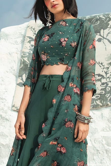 Paulmi And Harsh Green Top Cotton Silk Palazzo Georgette Jacket Organza Printed And Pant Set Online at Aza Fashions Paulmi And Harsh_Green Top Cotton Silk Palazzo Georgette Jacket Organza Printed And Pant Set _Online_at_Aza_Fashions