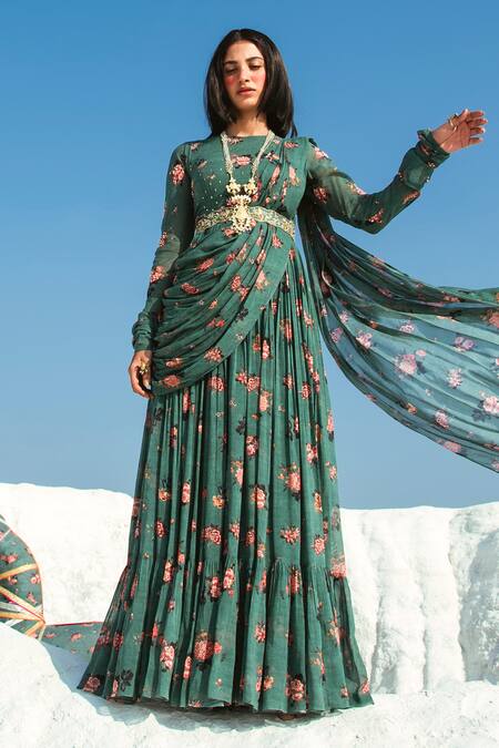 Paulmi And Harsh Green Georgette Round Printed Draped Anarkali