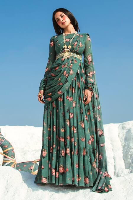 Paulmi And Harsh_Green Georgette Round Printed Draped Anarkali_Online_at_Aza_Fashions