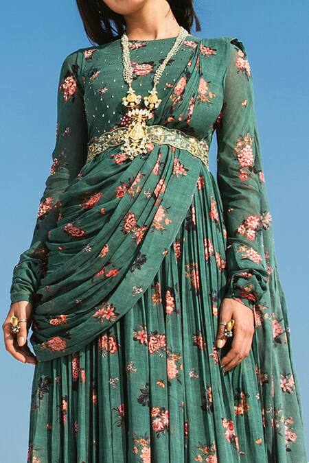 Buy_Paulmi And Harsh_Green Georgette Round Printed Draped Anarkali_Online_at_Aza_Fashions