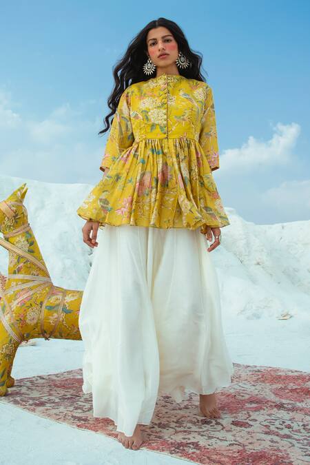 Paulmi And Harsh Yellow Cotton Silk Round Printed Top With Flared Pant Online at Aza Fashions Paulmi And Harsh_Yellow Cotton Silk Round Printed Top With Flared Pant_Online_at_Aza_Fashions