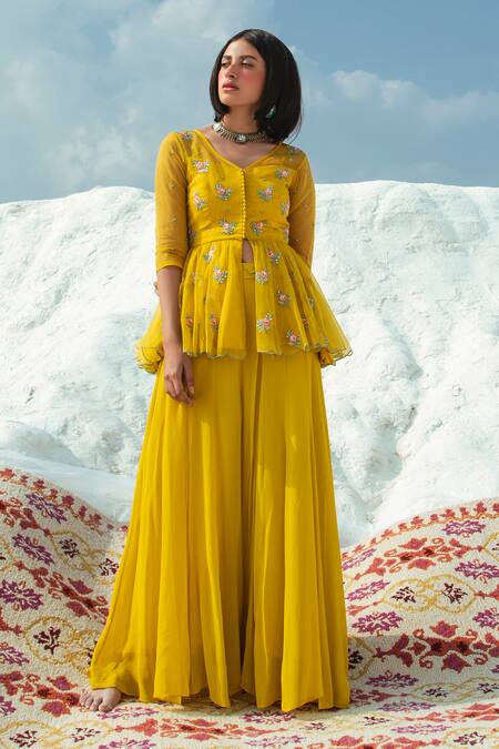 Paulmi And Harsh Yellow Embroidered Top With Flared Pant Online at Aza Fashions Paulmi And Harsh_Yellow Embroidered Top With Flared Pant_Online_at_Aza_Fashions