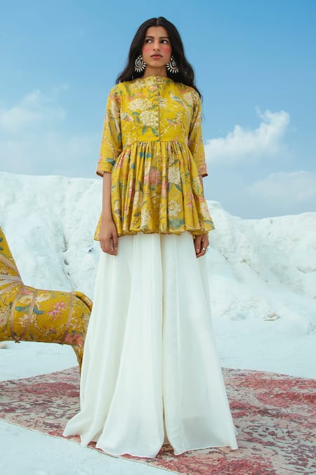 Buy Paulmi And Harsh Yellow Cotton Silk Round Printed Top With Flared Pant Online at Aza Fashions Buy_Paulmi And Harsh_Yellow Cotton Silk Round Printed Top With Flared Pant_Online_at_Aza_Fashions