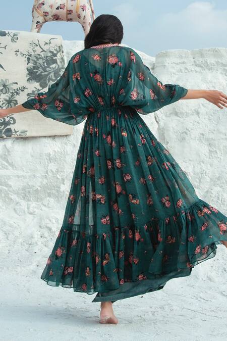 Paulmi And Harsh_Green Dress Crepe Jacket Organza V Neck Printed Maxi With_Online_at_Aza_Fashions