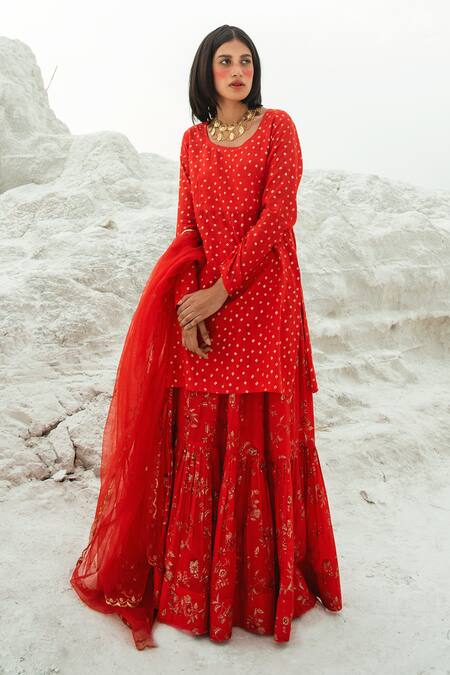 Paulmi And Harsh_Red Kurta And Skirt Cotton Silk Dupatta Net Round Printed Set_Online_at_Aza_Fashions