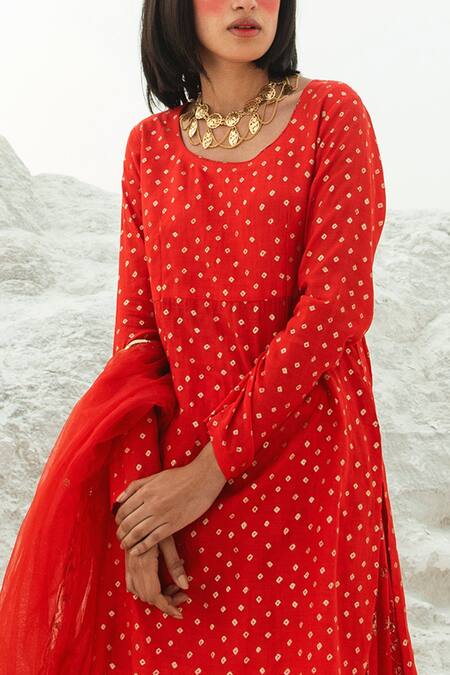 Buy_Paulmi And Harsh_Red Kurta And Skirt Cotton Silk Dupatta Net Round Printed Set_Online_at_Aza_Fashions