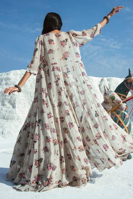 Shop_Paulmi And Harsh_White Blouse Printed Jacket Lehenga Set_at_Aza_Fashions