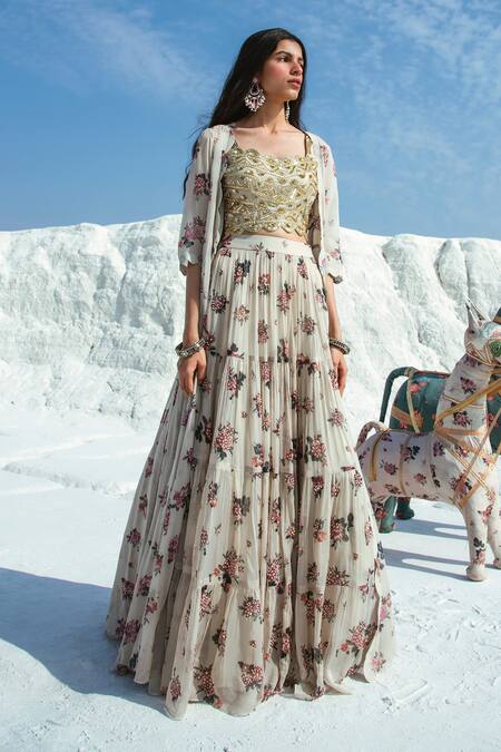 Paulmi And Harsh_White Blouse Printed Jacket Lehenga Set_Online_at_Aza_Fashions
