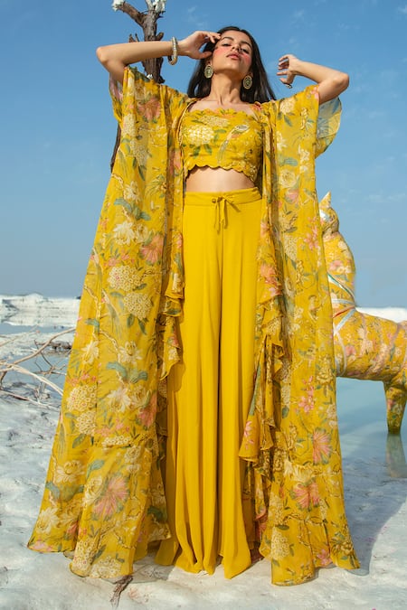 Paulmi and Harsh Yellow Top And Jacket Organza Palazzo Georgette Printed & Pant Set