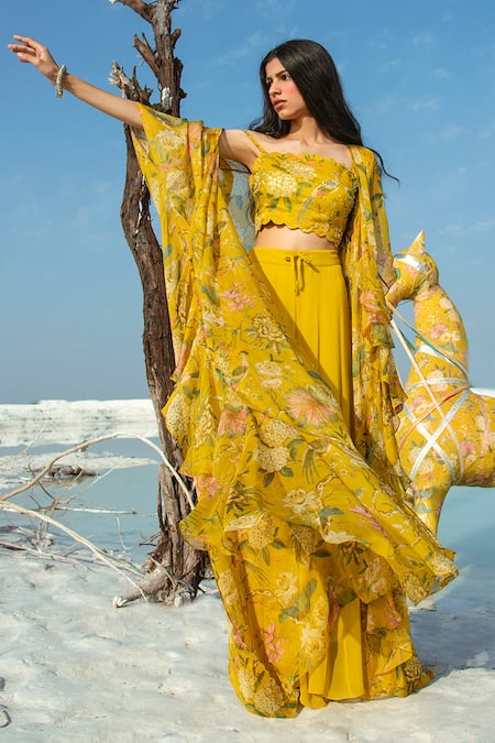 Paulmi and Harsh_Yellow Top And Jacket Organza Palazzo Georgette Printed & Pant Set _Online_at_Aza_Fashions