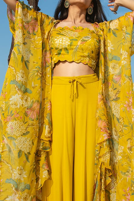 Buy_Paulmi and Harsh_Yellow Top And Jacket Organza Palazzo Georgette Printed & Pant Set _Online_at_Aza_Fashions