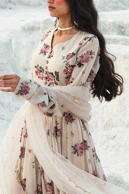 Shop Paulmi And Harsh White Anarkali Cotton Silk, Georgette Dupatta Net V Neck Printed With Online at Aza Fashions Shop_Paulmi And Harsh_White Anarkali Cotton Silk, Georgette Dupatta Net V Neck Printed With_Online_at_Aza_Fashions