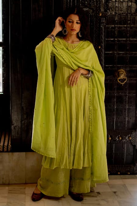 Paulmi and Harsh Green Mulmul Embellished Anarkali And Palazzo Set