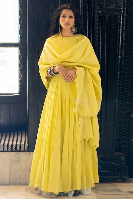 Paulmi and Harsh Yellow Mul Cotton Anarkali With Chanderi Dupatta