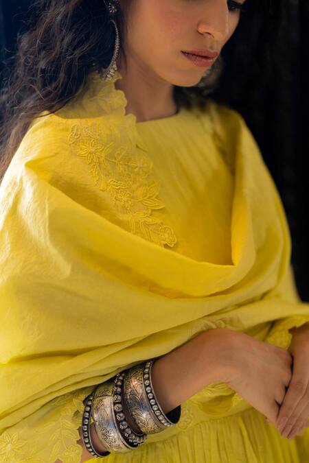 Shop_Paulmi And Harsh_Yellow Mul Cotton Anarkali With Chanderi Dupatta_at_Aza_Fashions