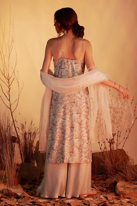 Shop_House of Hiya_Blue Kurta Chanderi And Shantoon Lining Sharara Floral Print Set  _at_Aza_Fashions