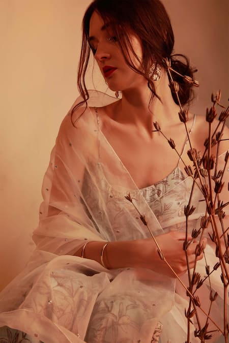 Buy_House of Hiya_Blue Kurta Chanderi And Shantoon Lining Sharara Floral Print Set  _Online_at_Aza_Fashions
