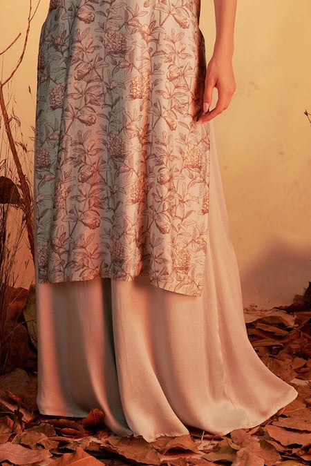 Shop_House of Hiya_Blue Kurta Chanderi And Shantoon Lining Sharara Floral Print Set  _Online_at_Aza_Fashions