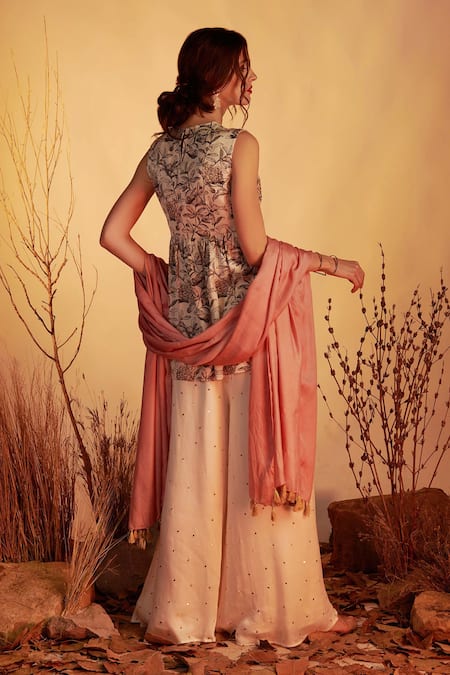 House Of Hiya_White Kurta And Sharara Modal Satin & Floral Print Anarkali Set  _Online_at_Aza_Fashions