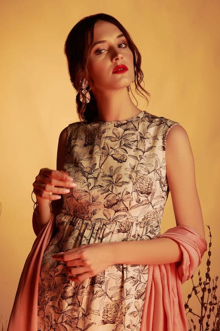 Buy_House Of Hiya_White Kurta And Sharara Modal Satin & Floral Print Anarkali Set  _Online_at_Aza_Fashions