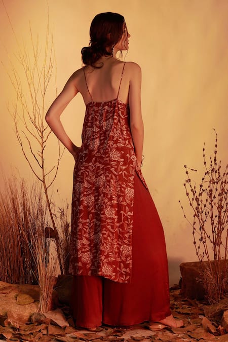 Shop_House of Hiya_Maroon Kurta And Sharara Modal Satin & Shantoon Lining Floral Print Set _at_Aza_Fashions