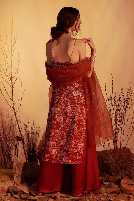 House of Hiya_Maroon Kurta And Sharara Modal Satin & Shantoon Lining Floral Print Set _Online_at_Aza_Fashions