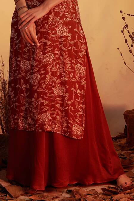 Shop_House of Hiya_Maroon Kurta And Sharara Modal Satin & Shantoon Lining Floral Print Set _Online_at_Aza_Fashions