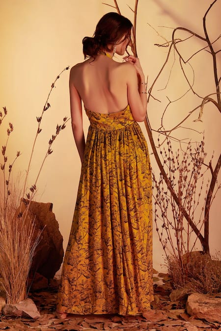Shop_House Of Hiya_Yellow Anarkali Modal Satin And Shantoon Lining Dupatta Organza Printed With _at_Aza_Fashions