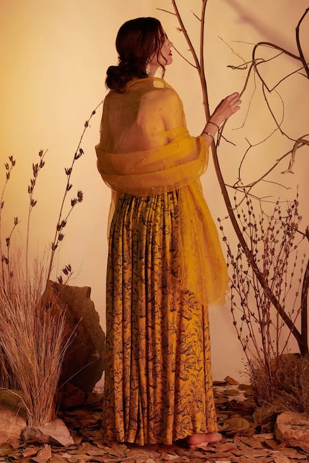 House Of Hiya_Yellow Anarkali Modal Satin And Shantoon Lining Dupatta Organza Printed With _Online_at_Aza_Fashions