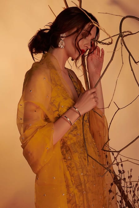 Buy_House Of Hiya_Yellow Anarkali Modal Satin And Shantoon Lining Dupatta Organza Printed With _Online_at_Aza_Fashions