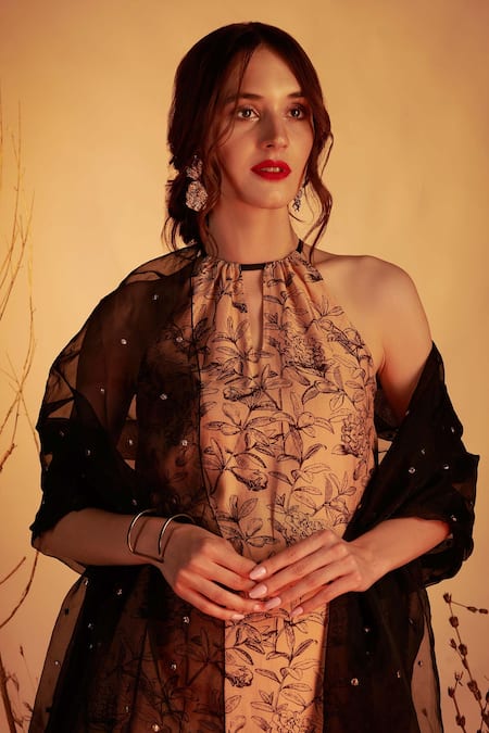 Buy_House Of Hiya_Beige Kurta Chanderi And Shantoon Lining Sharara Modal Satin Floral Print Set _Online_at_Aza_Fashions