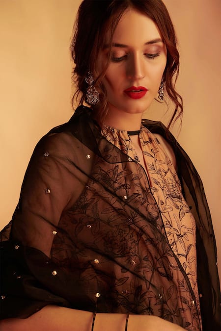 Shop_House Of Hiya_Beige Kurta Chanderi And Shantoon Lining Sharara Modal Satin Floral Print Set _Online_at_Aza_Fashions