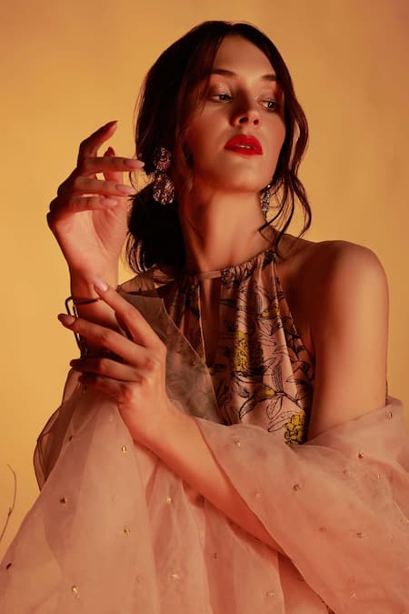 Shop_House of Hiya_Pink Kurta Chanderi And Shantoon Lining Sharara Floral Print Set  _Online_at_Aza_Fashions