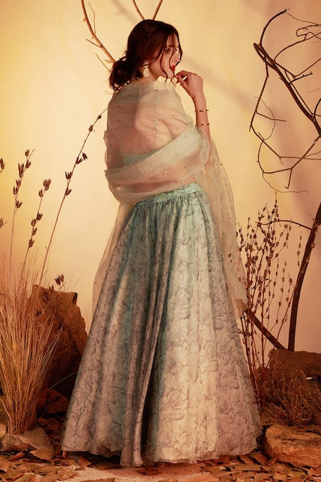 House Of Hiya White V Neck Floral Print Lehenga Set Online at Aza Fashions House Of Hiya_White V Neck Floral Print Lehenga Set _Online_at_Aza_Fashions