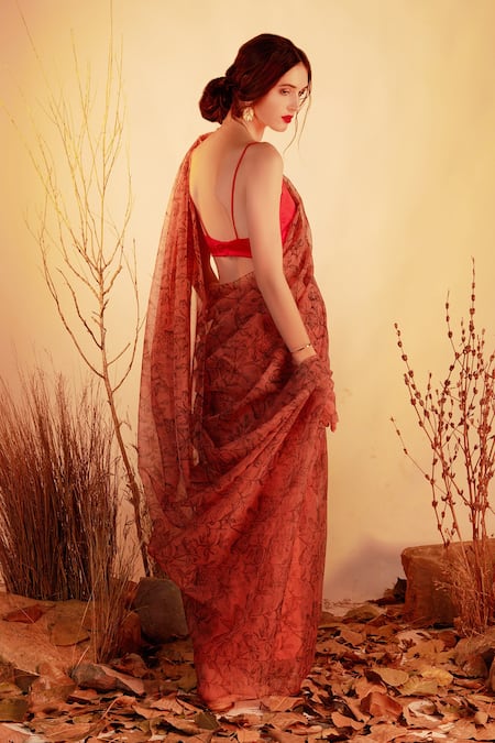 House Of Hiya Organza Floral Print Saree 