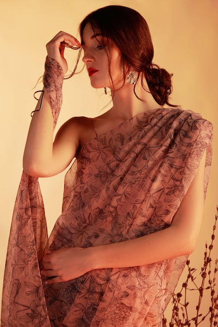 Shop_House of Hiya_Beige Saree Organza Blouse Cotton Satin Floral Print  _at_Aza_Fashions