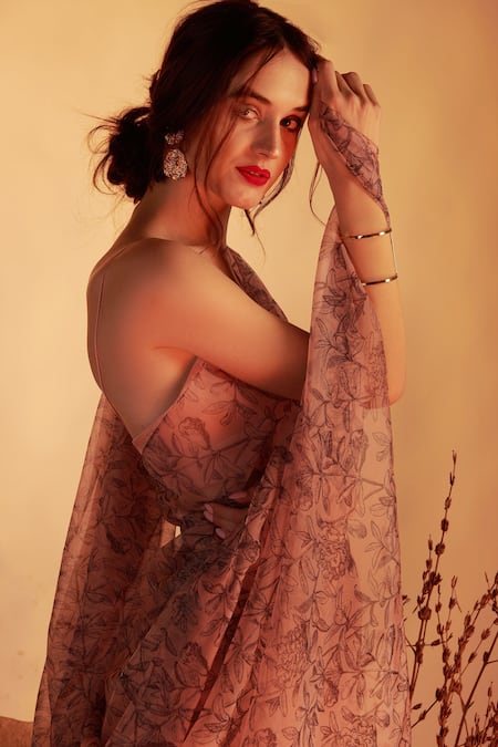 House of Hiya_Beige Saree Organza Blouse Cotton Satin Floral Print  _Online_at_Aza_Fashions