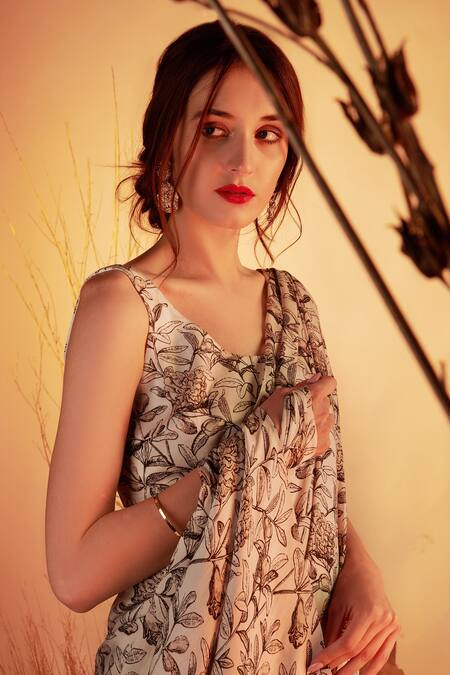 House Of Hiya_White Modal Satin Floral Print Saree _Online_at_Aza_Fashions