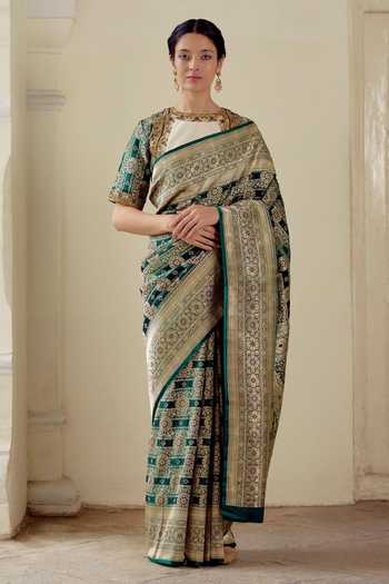 Mimamsaa_Green Satin Silk Brocade Woven Floral Round Phavee And Embroidered Blouse_Online_at_Aza_Fashions
