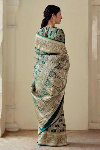 Buy_Mimamsaa_Green Satin Silk Brocade Woven Floral Round Phavee And Embroidered Blouse_Online_at_Aza_Fashions