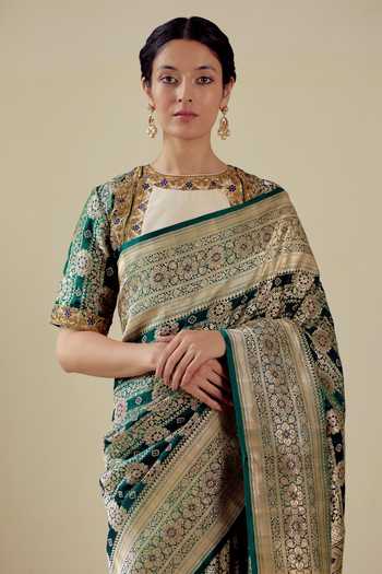 Shop_Mimamsaa_Green Satin Silk Brocade Woven Floral Round Phavee And Embroidered Blouse_Online_at_Aza_Fashions